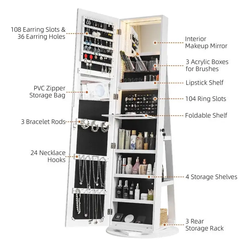 360 Lockable Jewelry Armoire with Full Length Mirror - N/A