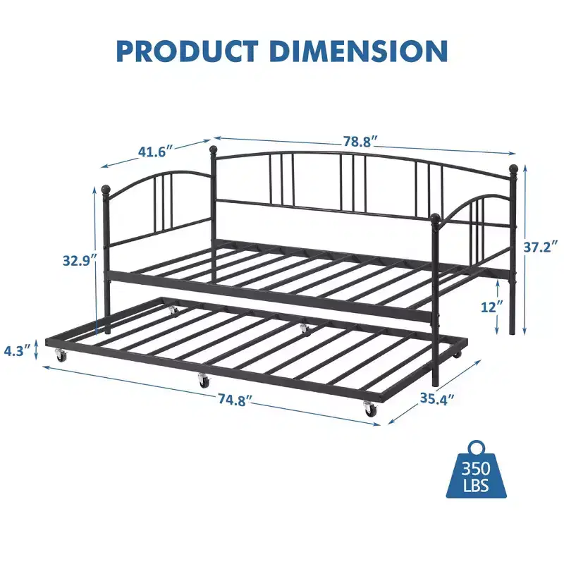Twin Daybed [with Trundle]  Sturdy Metal with Steel Slat Support, Arched Headboard, Sofa Bed  for Living Room, Bedroom, Guest Room  [Color]