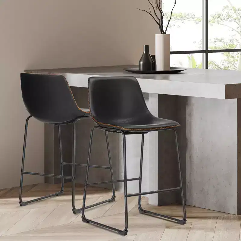 Armless Industrial Faux Leather Barstools with Metal Legs and Footrest, Dining Chairs for Home Office Kitchen Island
