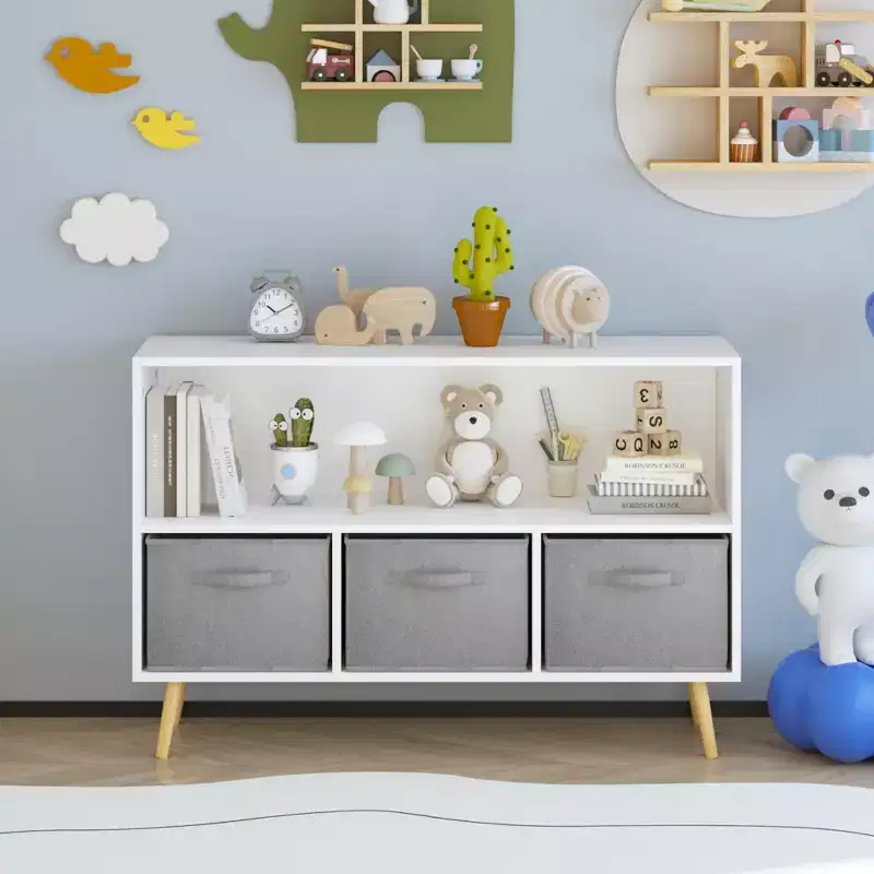 JVNOXK-35.4 in Kids bookcase with Collapsible Fabric Drawers, Children's Book Display, Toy Storage Cabinet Organizer, White/Gray