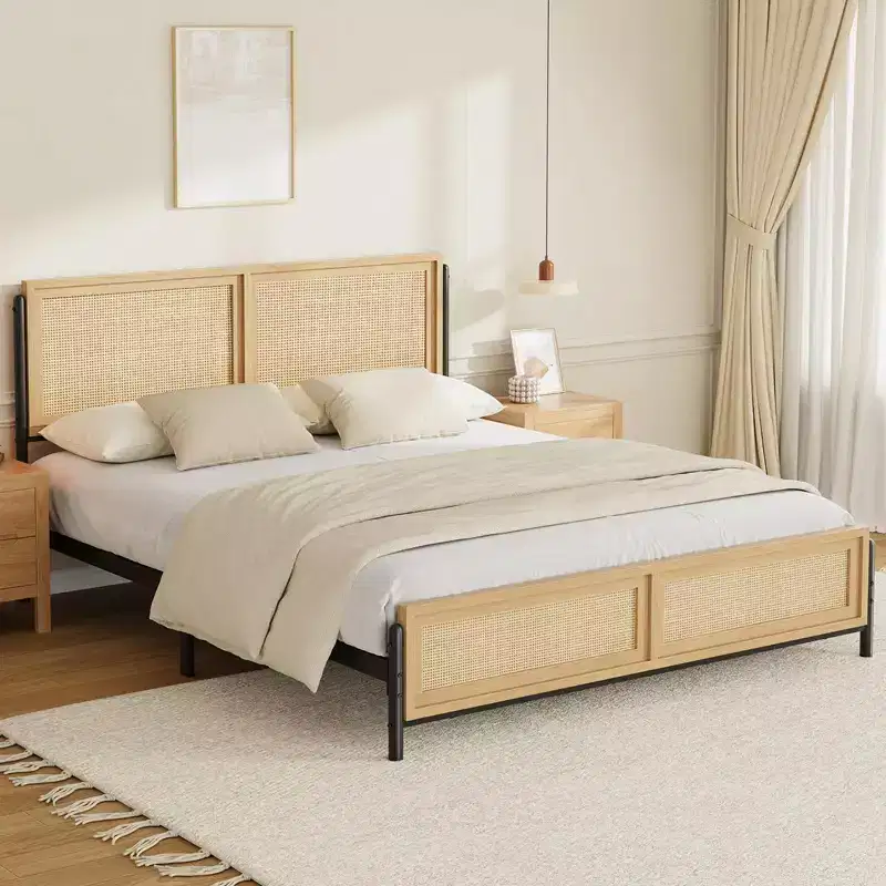 Boho Size Bed Frame with Natural Rattan Headboard and Footboard, Wooden Full Platform Bed No Box Spring Needed, Noise-Free Easy Assemble Metal