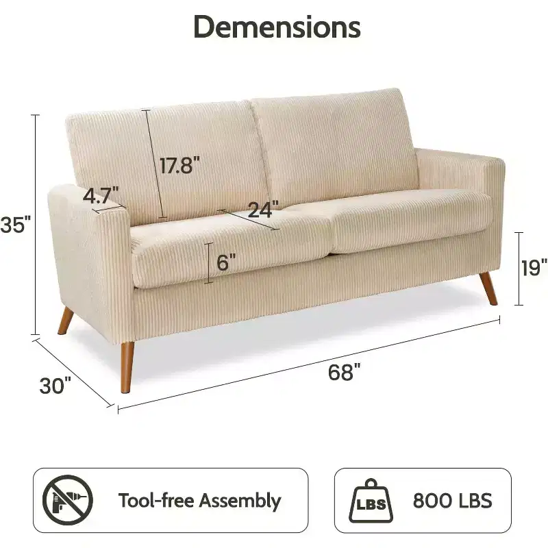 Dyonery 68 Loveseat Sofa, Mid Century Modern Small Couch for Living Room, Linen Fabric 2 Seater Sofa with Deep Cushion, Solid Wood Frame
