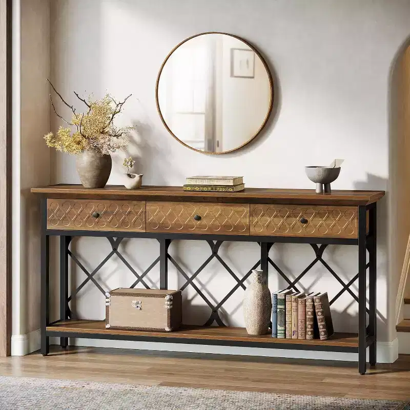 70.86 Extra Long Console Sofa Table with 3 Drawers, Industrial 2-Tier Narrow Entryway Table for Living Room, Hallway