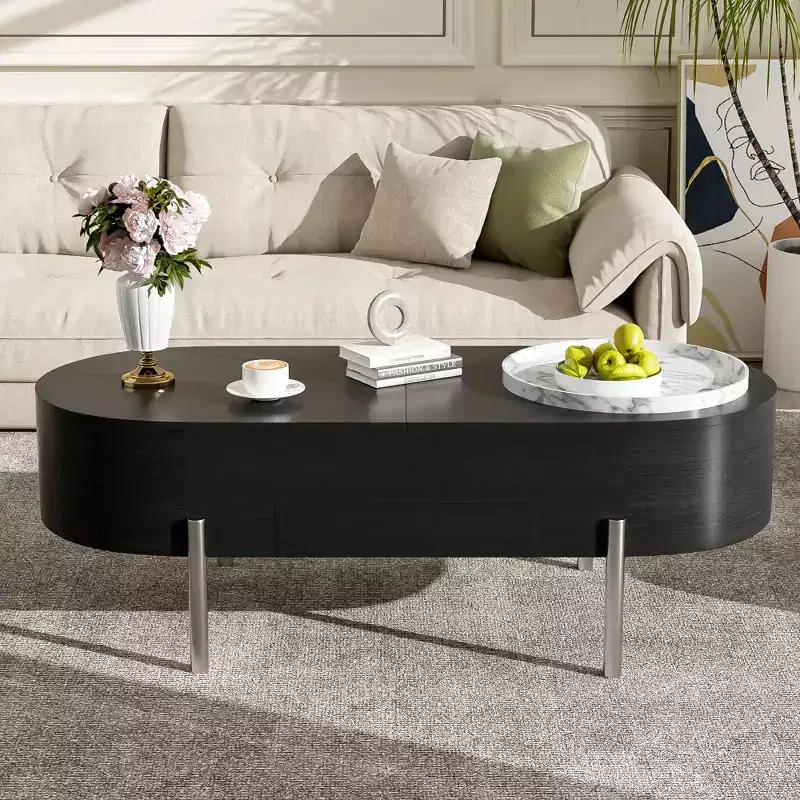 Lift Top Coffee Table Wooden Center Table with 360 Marble-patterned Rotating Tray, 3 Drawers and Hidden Compartment, Brown/Black-ModernLuxe