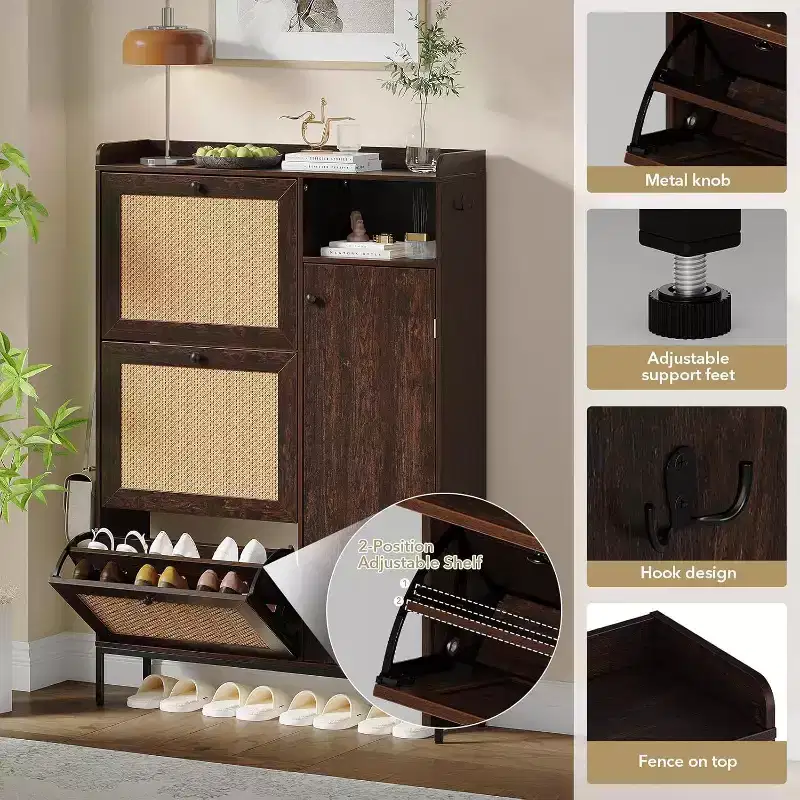 Rattan Shoe Cabinet with Flip Drawers, 3 Tier Narrow Free-Standing Entryway Storage Organizer