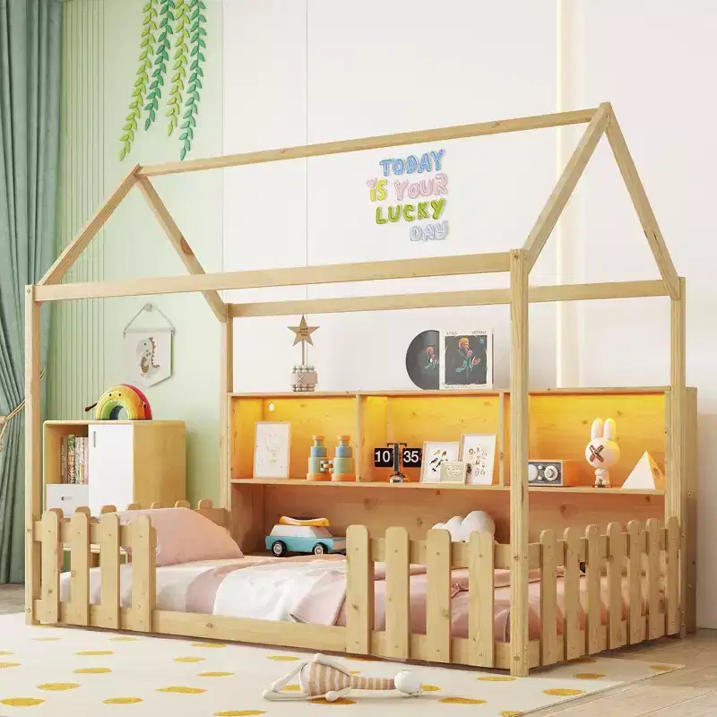 TUYOHW Twin Size Toddler Floor Bed with LED Light for Kids,Modern Metal Montessori Bed with Storage Bookshelf and Guardrails for Bedroom