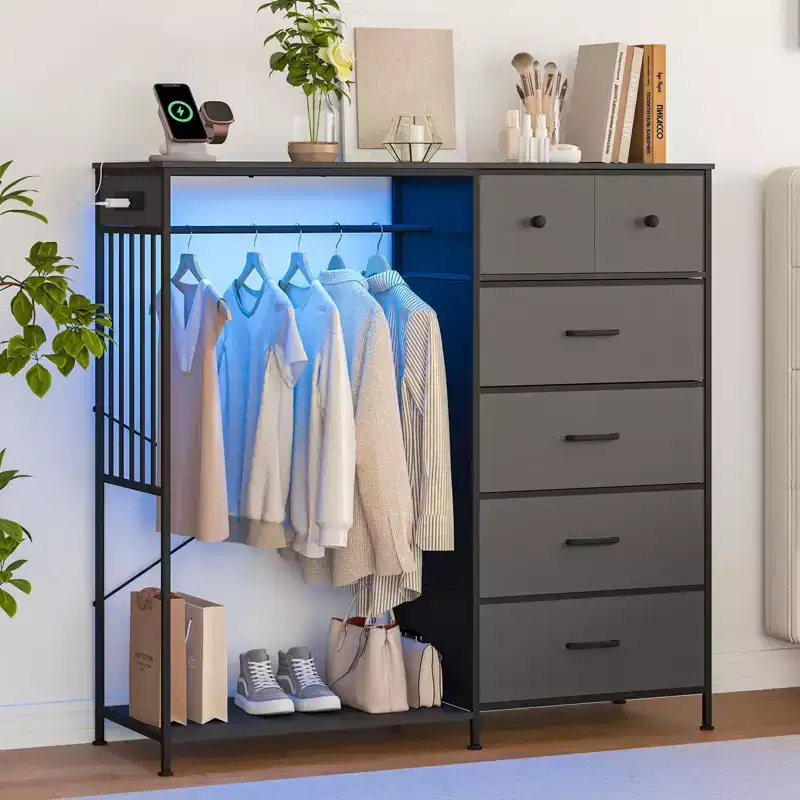 6-Drawer Dresser w/Hanging Rack, Dresser w/Charging Station & LED Lights, Kids Dressers with Shoe Rack, Chest of Drawers for Bedroom