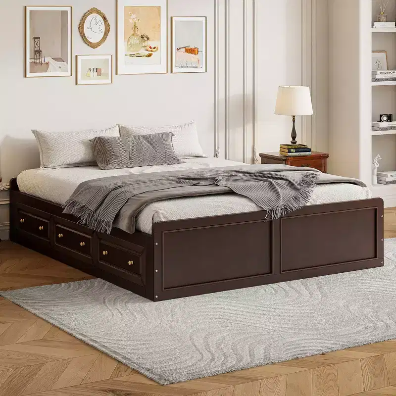 Clihome Wood Queen Size Platform Bed Frame with 6 Drawers