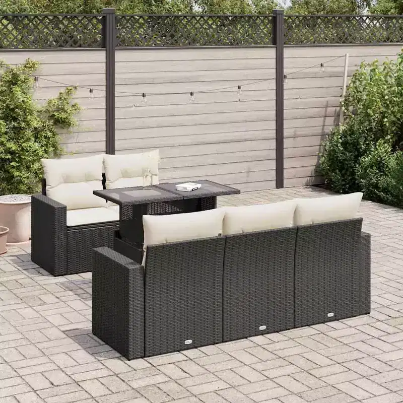 vidaXL Patio Sofa Set with Cushions Lounge Setting Outdoor 6 Piece Poly Rattan - Black and Cream