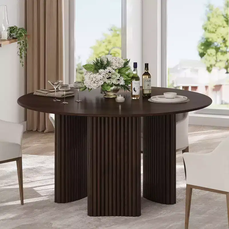 Modern Round Dining Table with Striped Column Legs, Solid Wood Kitchen Table, Anti-Scratch Footpads, Walnut