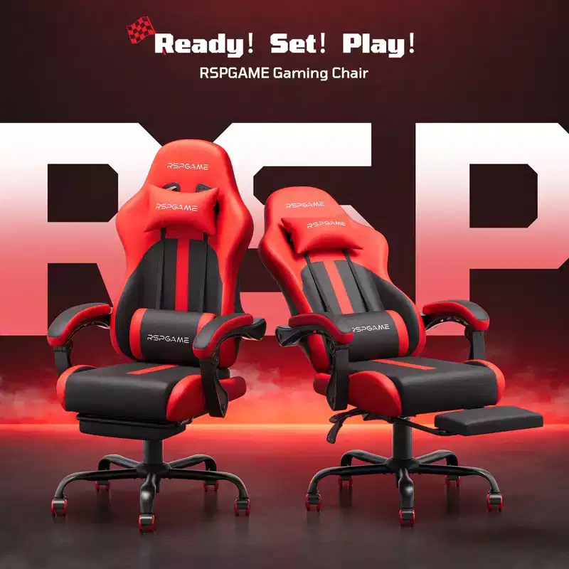 RSPGAME Basic Ergonomic Gaming Chair for Adults, PU Leather Office Chairs with Vibration Lumbar Support and Retractable Footrest, Home Computer Chairs
