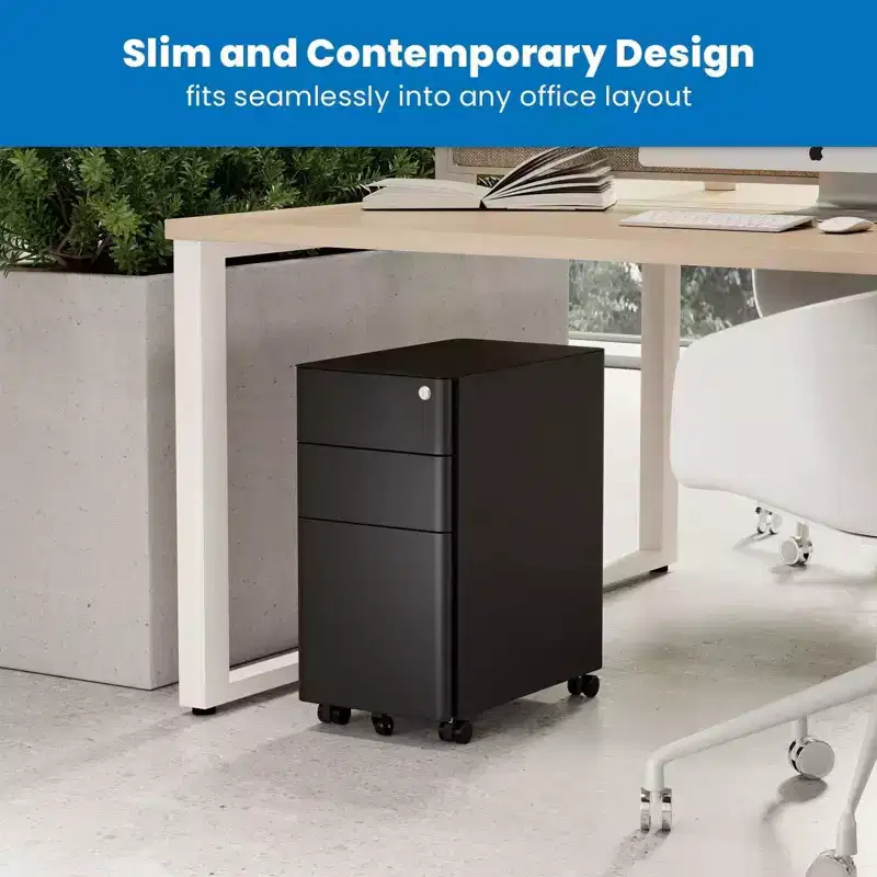 Mobile File Pedestal Cabinet with 3 Drawers & Lock | Slim Design Under Desk Storage & Organizer for Files, Folders & Office Supplies | Black