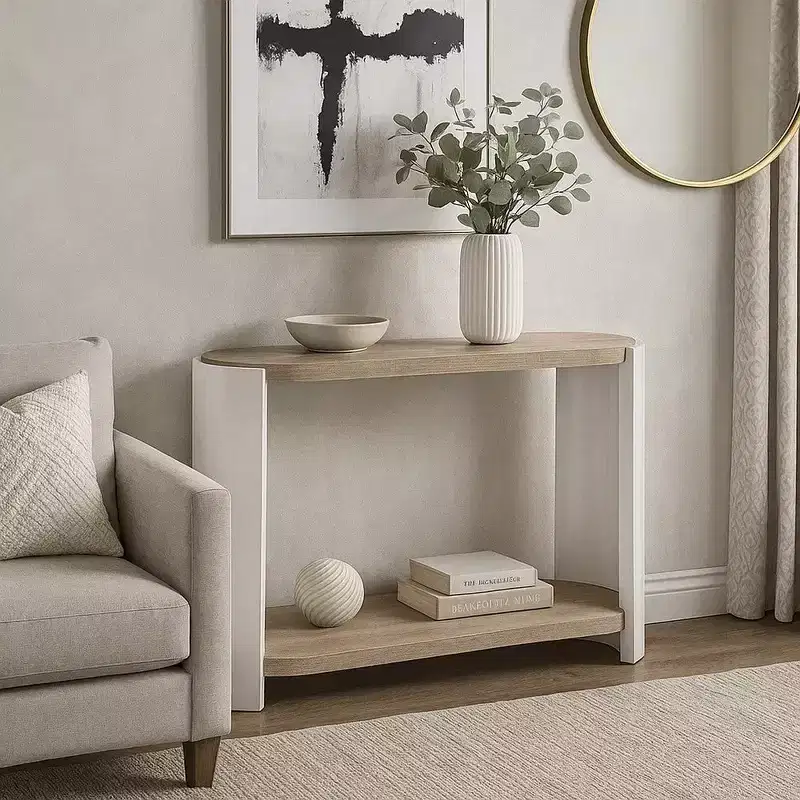 Sofa Console Table, White High Gloss Wood, Oval 47