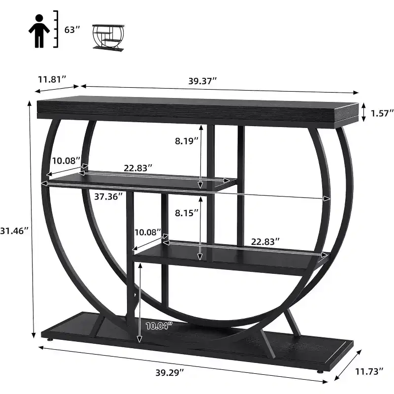 Industrial 4-Tier Narrow Console Table, Half-Circle Base Storage Entryway & Sofa Table for Living Room, Hallway