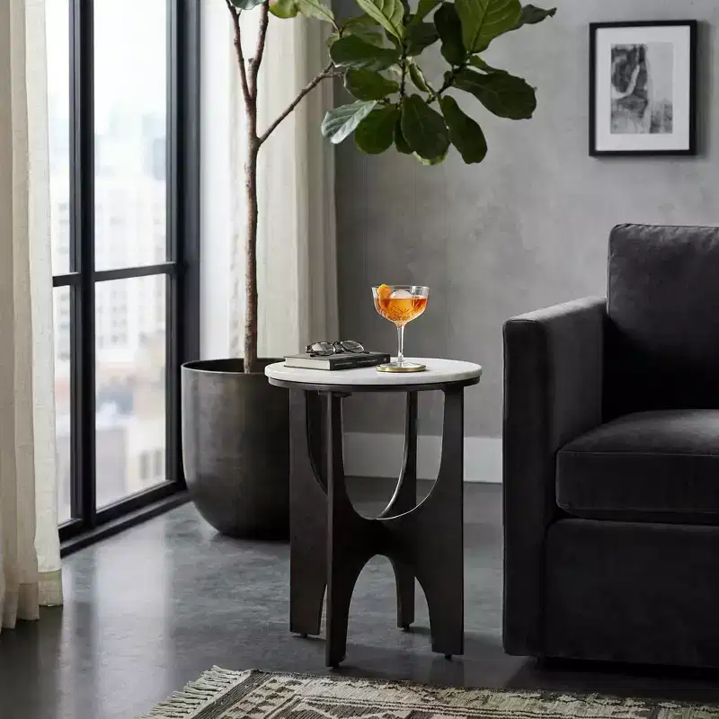 Contemporary Round Marble Top Accent Side Table with Metal Base for Home Decor - Sculptural Narrow End Table for Small Spaces - 22, White & Bronze