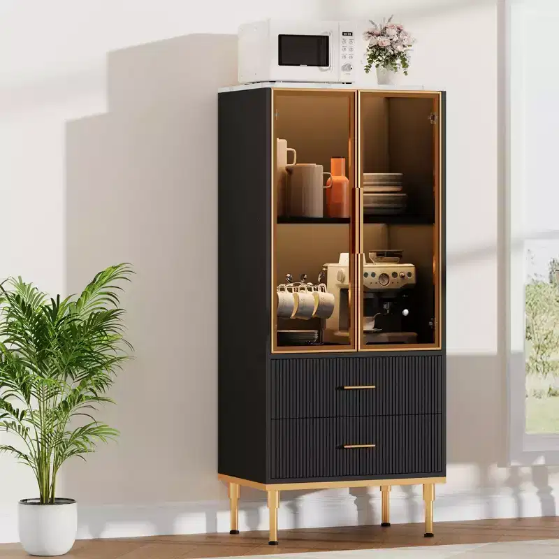 Fluted Glass Door Storage Cabinet - Modern White Display Cabinet with Adjustable Shelves & 2 Drawers