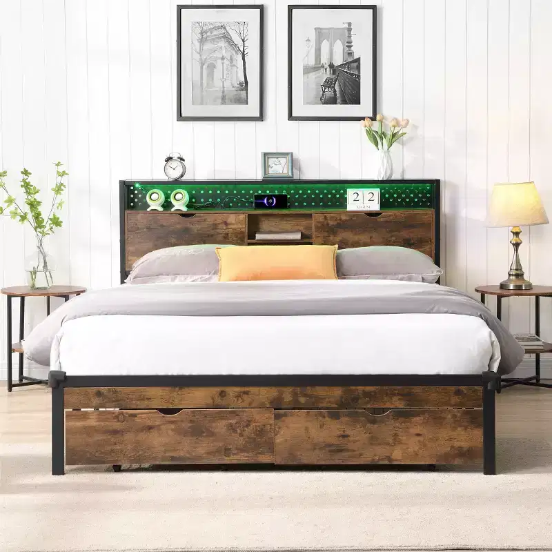 Okak King Metal Bed Frame with Wooden Headboard and Footboard USB,Platform Bed Frame with Charging Station,LED Lights for Bedroom,Black Brown