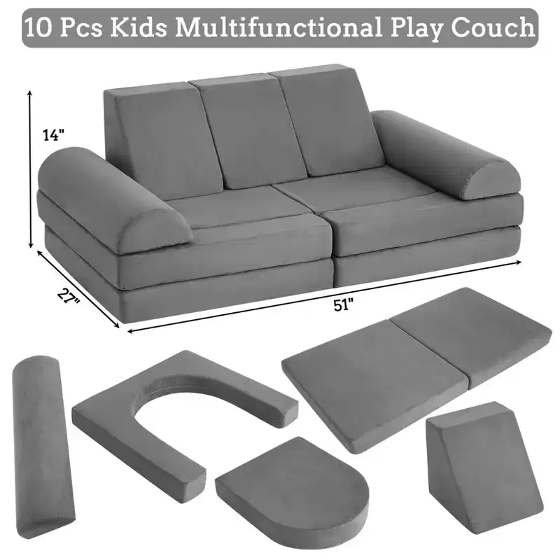 Kids Couch,10Pcs Modular Kids Play Couch, Convertible Child Sectional Sofa for Bedroom, Playroom, Soft Foam Toddler Couch with Ball Pit, Gray