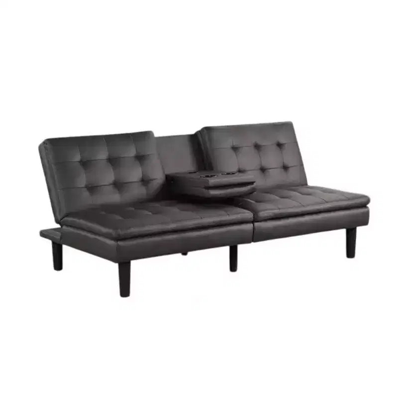Futon Sofa Bed, Drop-Down Tray and Cupholder, Gray Faux Leather