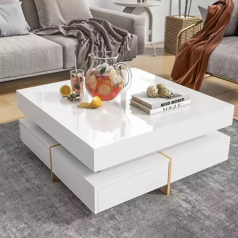 Modern High Gloss Coffee Table With 4 Drawers, Multi-Storage Square Cocktail Tea Table,Center Table,abstract,white,31.5in,2.63ft