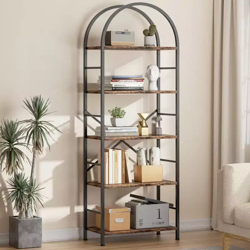 Celebalcony Bookshelf, Arched Bookshelf 5 Tier Bookcase, Tall Shelf for CDs/Books, Home Office Shelf Storage Organizer, for Bedroom/Living Room, Brown