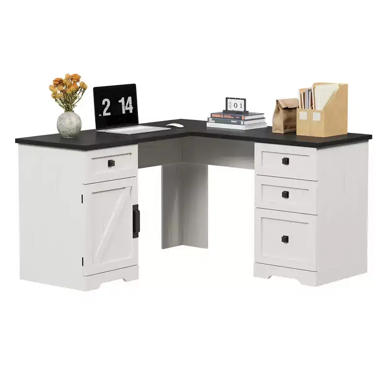 L-Shaped Executive Desk (60)  Farmhouse Office Corner Desk with File Drawers & Adjustable Storage Cabinet, Ideal for Home Office or Study