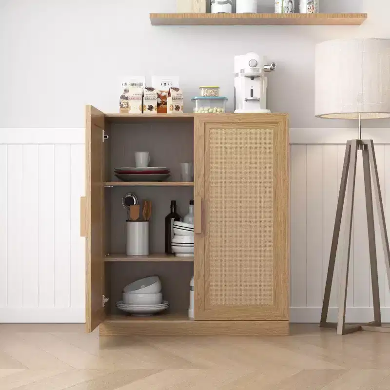 36x31x16 Wood Grain Buffet Cabinet, Storage Organizer with Adjustable Shelves and Rattan Doors for Kitchen Bedroom Living/Dinning Room