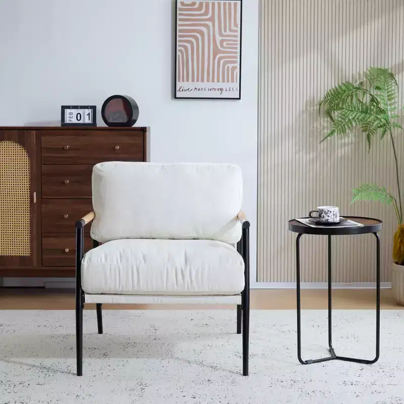 27.56 Modern Accent Chair, Plush Cushions Minimalist Metal Frame Wooden Armrest, Living Room Bedroom Office