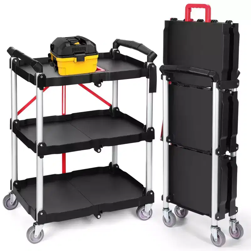 176LBS Folding Utility Cart with Wheels, Foldable Utility Service Cart, 3 Tier Collapsible Rolling Cart with 360Swivel Wheels, Portable Cart