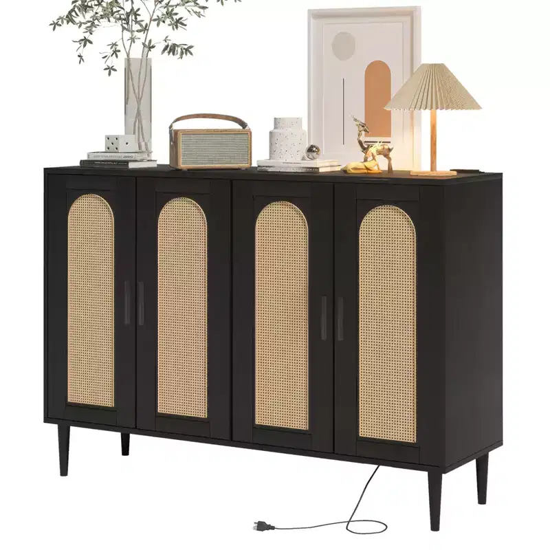 Wood Sideboard With 4 Doors, Rattan Sideboard Buffet Cabinet, For Entryway, Hallway, Dining Room, Living Room,