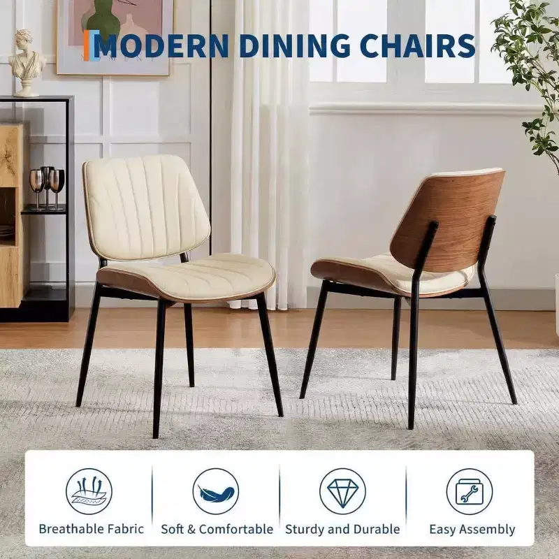 GustoWave Set of 2 Mid-Century Modern Dining Chairs, PU Leather Seat Walnut Bentwood Back Metal Legs, Vintage Kitchen Dining Room Beige