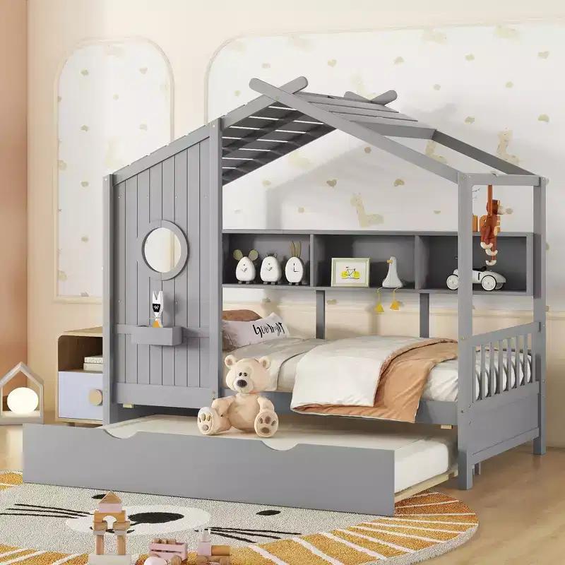 Twin/Full Size Wood House Platform Bed with Trundle and Storage Shelf for Kids, 4Q -ModernLuxe