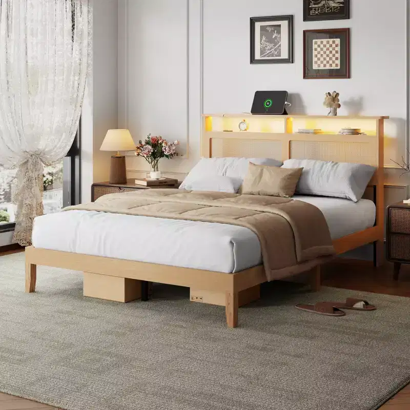 Boho Rattan Queen Bed Frame Natural Wood with LED Lights Charging Station Storage Headboard Platform Bed No Box Spring Modern Bedroom