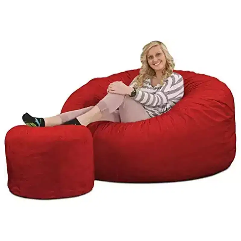 5ft Bean Bag Chair and Footstool, Oversized Lounger, Red Suede
