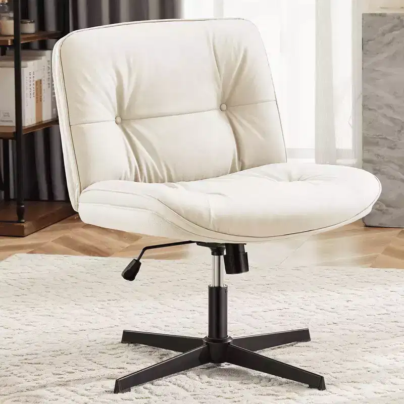 Armless Swivel Office Chair, Criss Cross Wide Seat, 360° Rotation, 22° Recline, PU Leather, Holds 300 lbs, Beige/Black/Gray