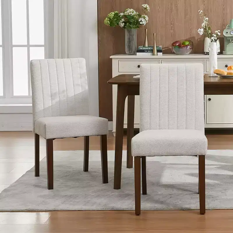 Acekool Dining Chairs Set of 2, Upholstered Tufted Striped Fabric with Padded High Back, Wood Legs & Adjustable Foot Caps, Beige