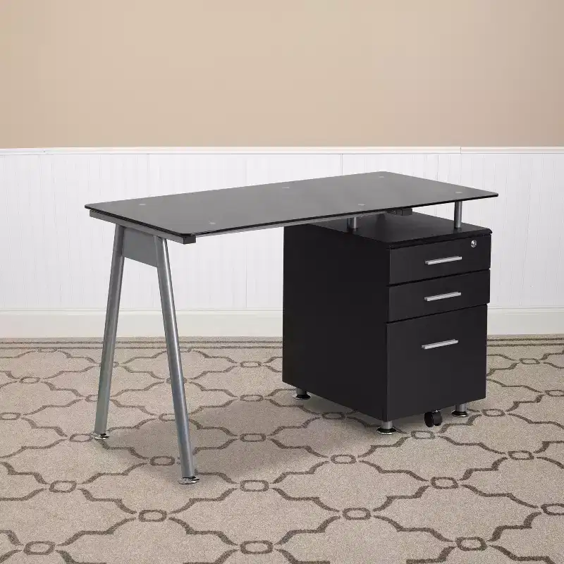 Black Tempered Glass Computer Desk with Three Drawer Pedestal