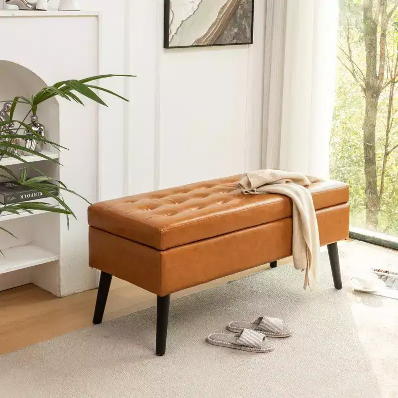 PU Leather Storage Ottoman Bench with Solid Wood Legs