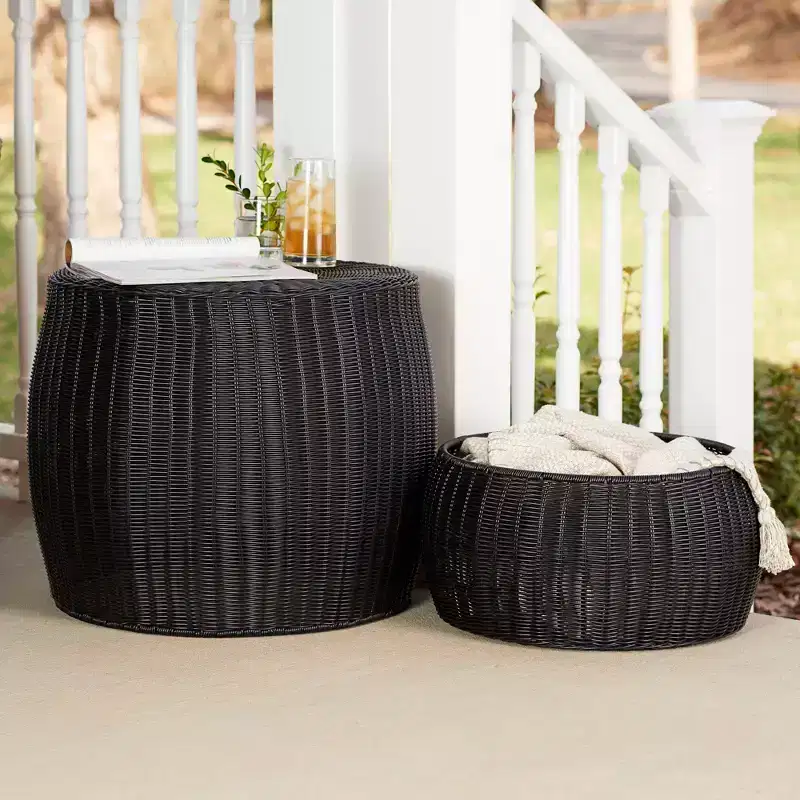 Household Essentials Handwoven Barrel Side Table, Black