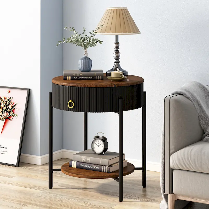 Round End Table with Drawer and Open Shelf, Faux Marble Top, Metal Legs, Nightstand for Bedroom or Living Room