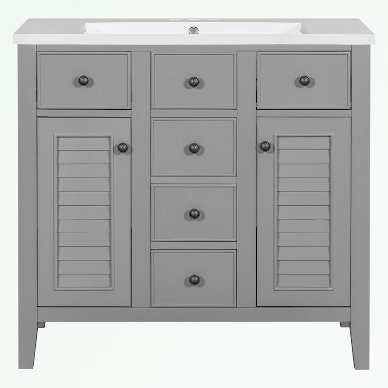 Bathroom Vanity with Ceramic Basin, Two Cabinets and Five Drawers