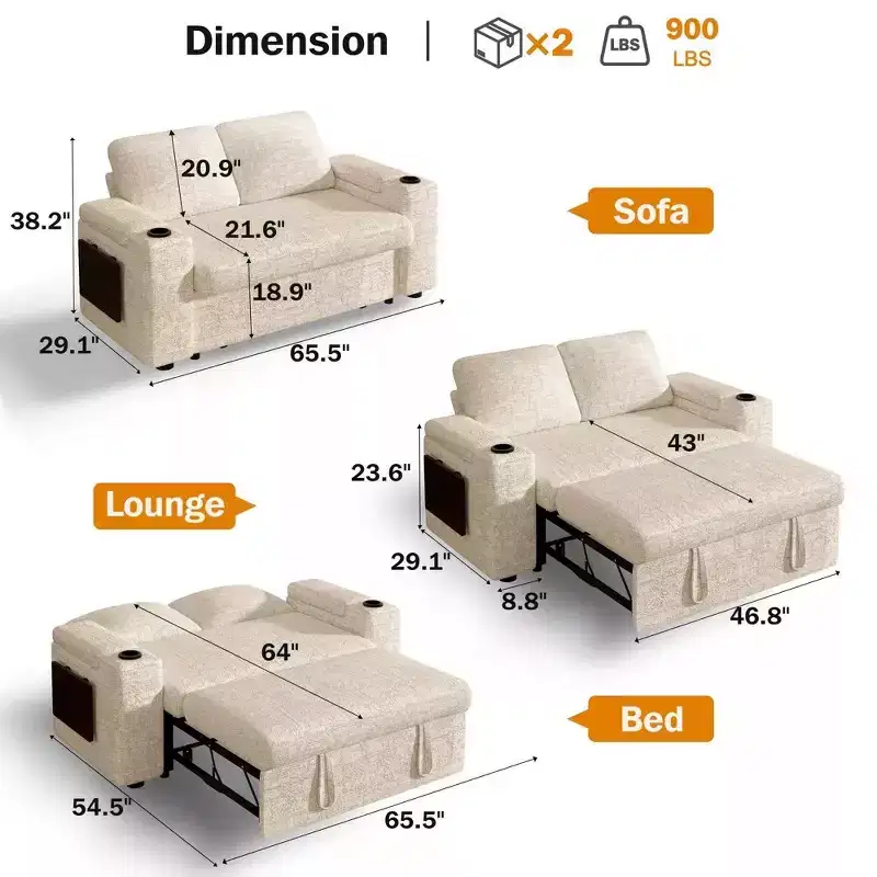 Dyonery 65.5 Sleeper Sofa Bed 4-in-1 with Adjustable Backrests, USB & Type-C Charging, Cup Holders, Side Pockets, Tool-Free Assembly,Green