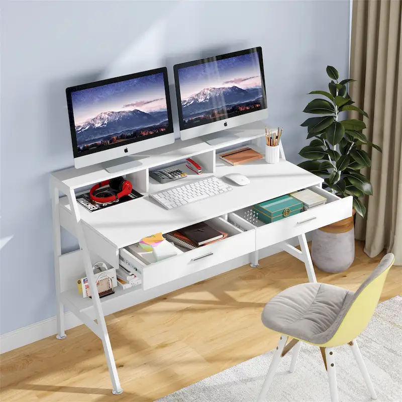 Computer Desk with Drawers and Storage Monitor Hutch Shelf, Office Writing Desk with Shelves